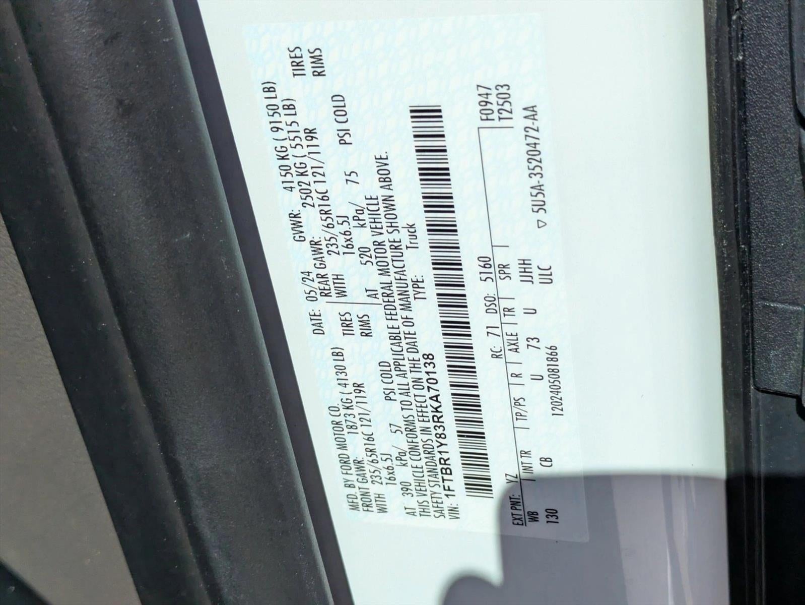 2024 Ford Transit Cargo Van T-250 130" Low Rf 9070 GVWR RWD