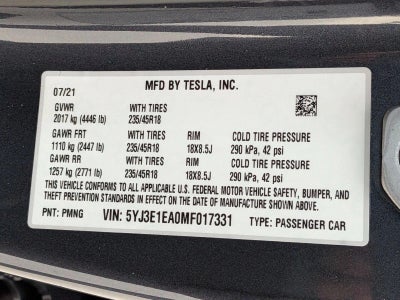 2021 Tesla Model 3 Standard Range Plus RWD