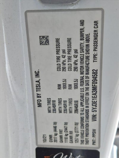 2021 Tesla Model 3 Standard Range Plus RWD